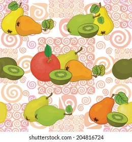 Seamless background, apples, kiwifruit, pears and abstract pink pattern. Vector