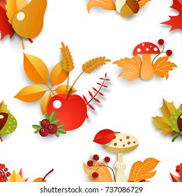 Seamless background with apples, mushrooms, nuts, berries, autumn leaves 