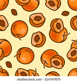Seamless background with apricot. Funny fruit. Cute vector pattern for print, card, posters, decoration, cover, textiles.