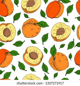 Seamless background with apricot isolated on white. Endless texture for season design.Vector. Print for bed linens, fabric, textiles, wallpaper, greeting cards, wrapping paper,gift box

