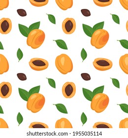 Seamless background with apricots, seeds and leaves. A cute summer or spring print with whole and halved fruit. Festive decoration for textiles, wrapping paper and design. Vector flat illustration