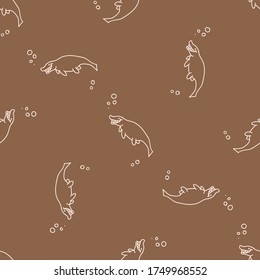 Seamless background aquatic Mosasaurus dinosaur gender neutral baby pattern. Simple whimsical minimal earthy 2 tone color. Kids nursery wallpaper or boho cartoon animal fashion all over print.