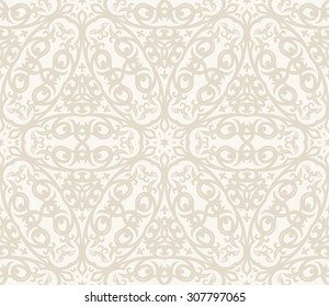 Seamless background in Arabic style. Beige patterns in white wallpaper for textile design. Traditional oriental decor 