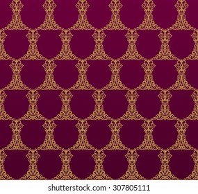 Seamless background in Arabic style. Gold patterns in red wallpaper for design. Traditional oriental decor