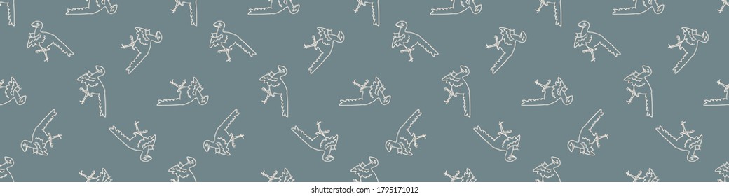 Seamless background archaeopteryx dinosaur gender neutral baby border pattern. Simple whimsical minimal earthy 2 tone color. Kids nursery decor edging fashion ribbon trim.