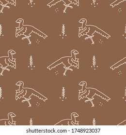  Seamless background Archaeopteryx dinosaur with plant gender neutral baby pattern. Simple whimsical minimal earthy 2 tone color. Kids nursery wallpaper or boho cartoon animal fashion all over print.