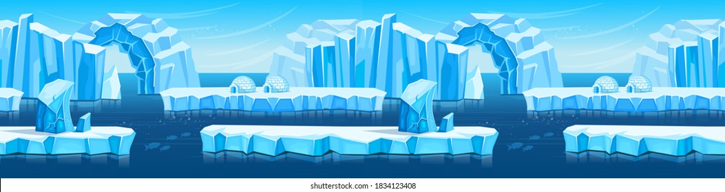 seamless background. Arctic landscape with icebergs, igloo, polar bears, penguins and sea or ocean. Vector  cartoon illustration for games and mobile applications.