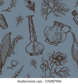 Seamless background with aromatic flowers of peony and lily and vintage bottles.  Hand drawn engraved illustration. Concept of beauty product packaging. Vector design elements