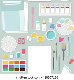 Seamless background with art tools: paper, brushes, paintbox, paint, palette, aqua brush, pencil, watercolor. Flat vector illustration