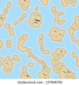 Seamless background of artistic drawed by hand sea map of islands with forests, rivers, mountains, hills in color.