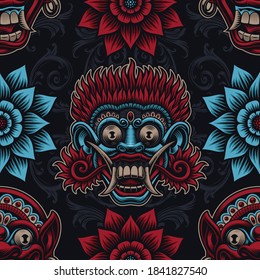 Ein nahtloser Hintergrund für asiatisches Thema mit traditionellen indonesischen Barong-Masken und schönen Blumen.