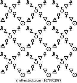 Seamless background with astrological, esoteric and mystical signs. Hand-drawn pattern . Design of Tarot cards, fabric and other surfaces in pastel colors . Vector .