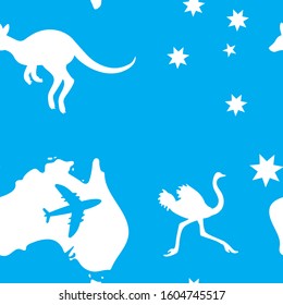 Seamless background Australia map plane kangaroo ostrich star blue. Vector image eps 10