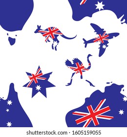 Seamless background Australia map plane kangaroo ostrich flag of Australia star blue. Vector image eps 10