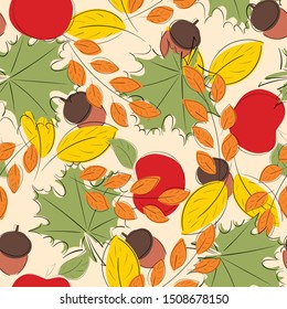 Seamless background with autumn leaves, apples and acorns. Perfect for wallpapers, wrapping papers, pattern fills, textile, autumn greeting cards, Thanksgiving Day cards
Hand drawn seamless pattern. 