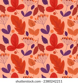 Seamless background with autumn leaves and berries. Vector pattern in flat style.