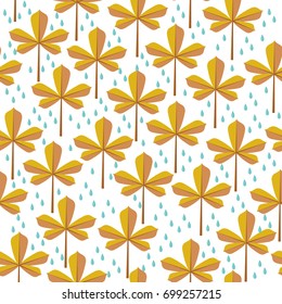 Seamless background with autumn leaves of chestnut and drops of rain. Vector illustration.