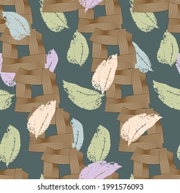 Fondo sin foco con hojas de otoño y patrón geométrico diagonal de líneas delgadas. Fondo vectorial natural para la impresión en tela, ropa, productos textiles para el hogar, papel pintado, envoltura de regalo.