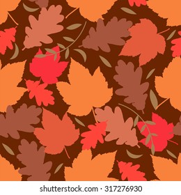 Seamless background with autumn leaves on brown background. vector illustration