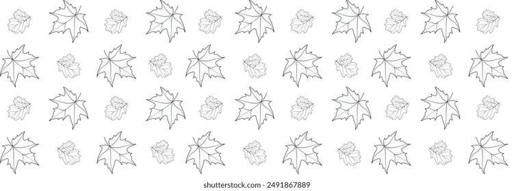 Seamless background of autumn leaves. Pattern of black and white tree leaves on a white isolated background. Oak and maple leaves