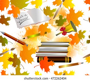 Seamless background with autumn leaves, pens, pencils and brushes. EPS10 vector illustration