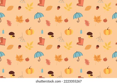 Seamless background with autumn leaves, pumpkin, umbrella pattern	
