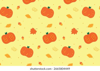 Fondo sin fisuras con hojas de otoño, calabazas y bellotas. Ilustración vectorial.