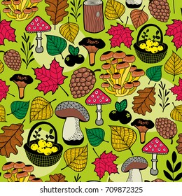 Seamless background with autumn nature elements. Vector endless pattern of mushrooms, tree leaves and berries. Ecological illustration.
