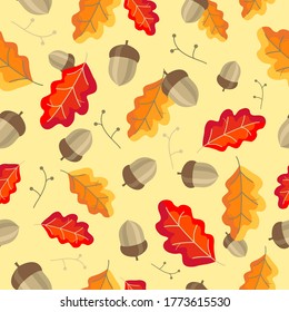 Seamless background with autumn oak leaves and acorns. Botanical vector illustration.