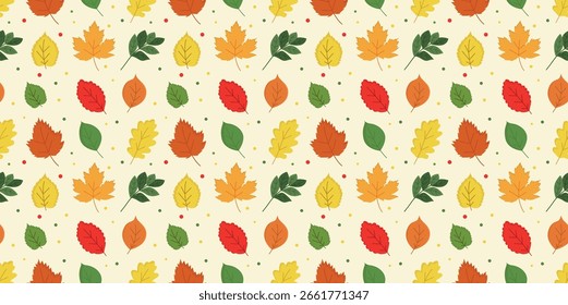 Seamless background autumn pattern. Seamless pattern with colorful autumn leaves. Autumn background for school, Thanksgiving, Halloween. Background for autumn designs, packaging, decor, etc. 