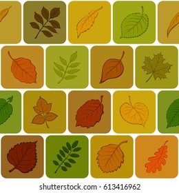 Seamless Background with Autumn Pictogram Leaves of Various Plants, Trees and Shrubs in Squares, Abstract Nature Pattern. Eps10, Contains Transparencies. Vector
