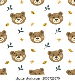 Seamless background with autumn teddy bear. Cute animal on a white background with leaves. Vector illustration. Scandinavian style. Childrens collection