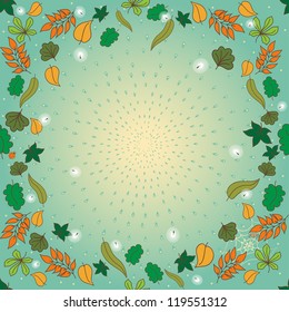 Seamless background in autumn theme. Cartoon bugs, rain and falling leaves. Soft yellow, orange  and green colors