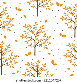 Seamless background of autumn trees and falling leaves. Vector illustration.