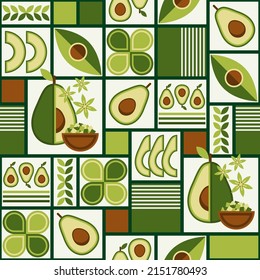 Seamless background with avocado, abstract geometric shapes in square grid with thick lines. Minimal style. Good for branding, decoration of food package, cover design, decorative home kitchen prints