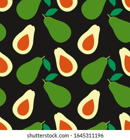 Seamless background with avocado. Half avocado and avocado with leaf on the black background.