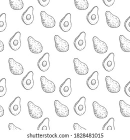 El fondo es impecable. Aguacate sobre fondo blanco. Estilo Doodle. Dibujado a mano. El aguacate está entero y reducido a la mitad. Vegan. Eco. Adecuado para la decoración de textiles, embalajes de alimentos y menús.