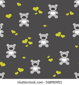 Seamless background with baby bears and hearts. Vector color illustration