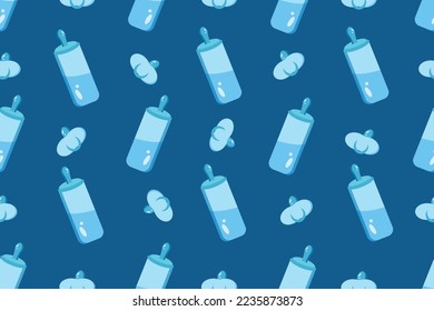 Seamless background with baby food bottle and pacifier. Wallpaper for the children's room. Gender concept.
