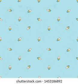 Seamless background with baby pacifier. Simple minimalistic illustration on light blue background.