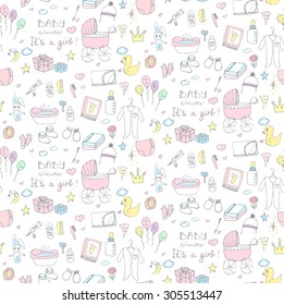 Seamless background of baby shower vector illustration icons, hand drawn baby care elements, it's a baby girl design icons children's girl clothing, toy, bib, nappy, carriage, socks, bottle, baby foot