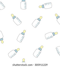 Seamless background of baby shower vector illustration icons, hand drawn baby bottle with teat, baby milk doodle element, it's a baby boy or girl design icons, sketch for children's bottle