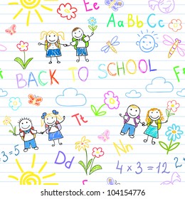 Seamless background. Back to school. Sketch on notebook page