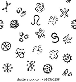 Seamless background of bacteria microbe virus microorganism icons. Icons of harmful bacteria, fungus and other vermins. Vector illustration.
