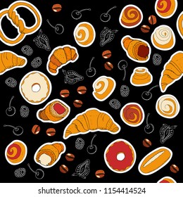 Seamless background with bakery labels and berry and coffee outlines. Pattern with hand drawn elements