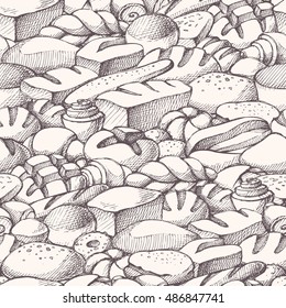 Seamless background with bakery products. Pattern with sketch hand drawn illustration - bread, loaf, muffin, croissant