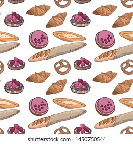 seamless background for bakery, rich bread and desserts, baguette, barquet with raspberries, croissant. background for packaging