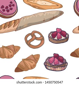 seamless background for bakery, rich bread and desserts, baguette, barquet with raspberries, croissant. background for packaging