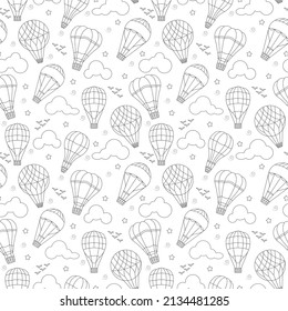 Fondo incomparable con globos, nubes, pájaros y estrellas, contornos oscuros sobre fondo blanco