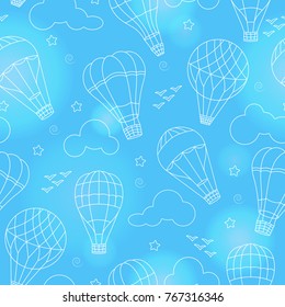 Seamless background with balloons , clouds, birds and stars on a blue background with flares